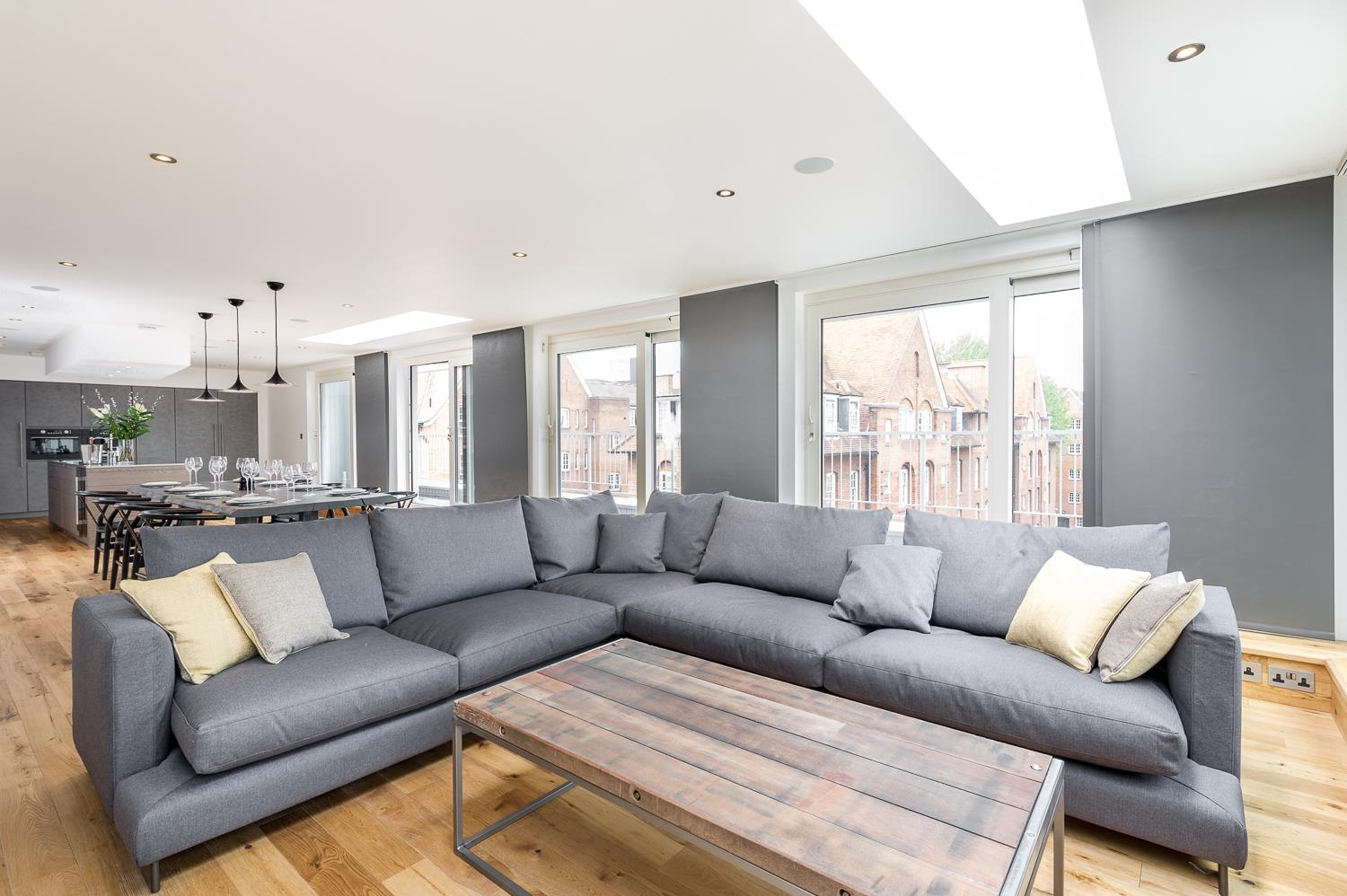 stylish modern large apartment Shoreditch living room sofa bright