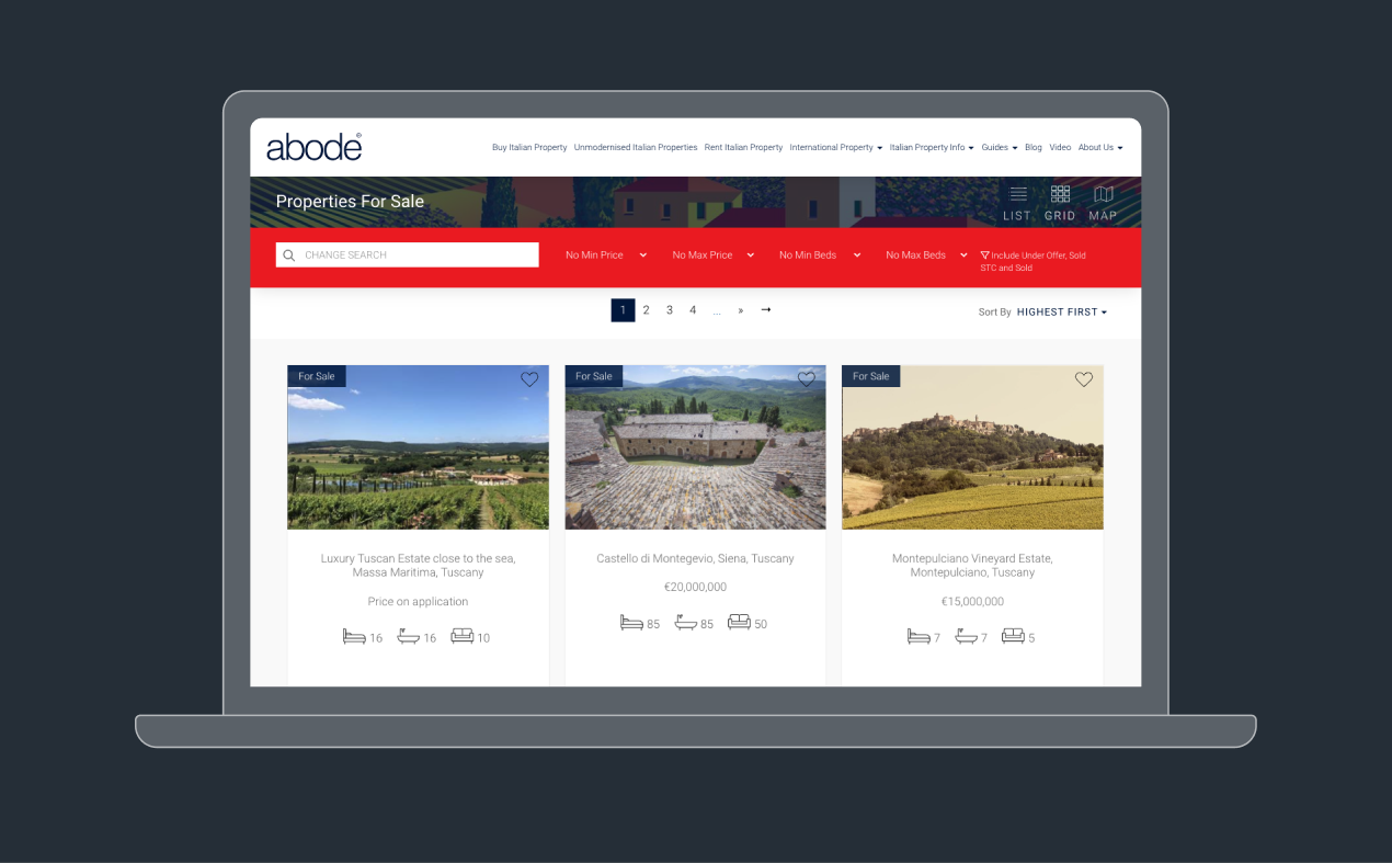 Abode Italy International Estate Agent Website - Desktop View