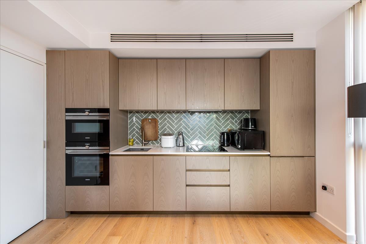 Interior photo of the kitchen in an Atlas Building apartment